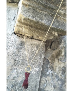 Alphabey's Maroon Hand Shaped Buffalo Bone and Round Brass Pendent 